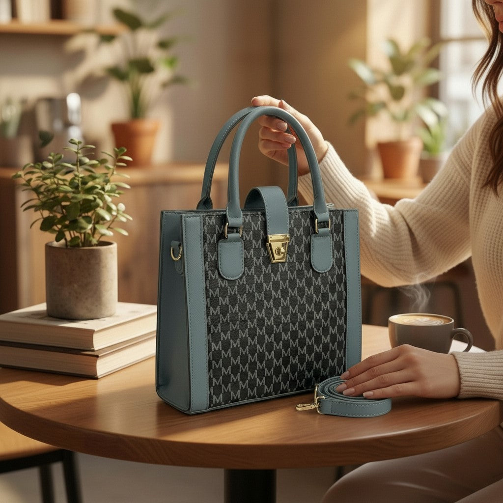 Classic Grey & Black Monogram Faux Leather Tote