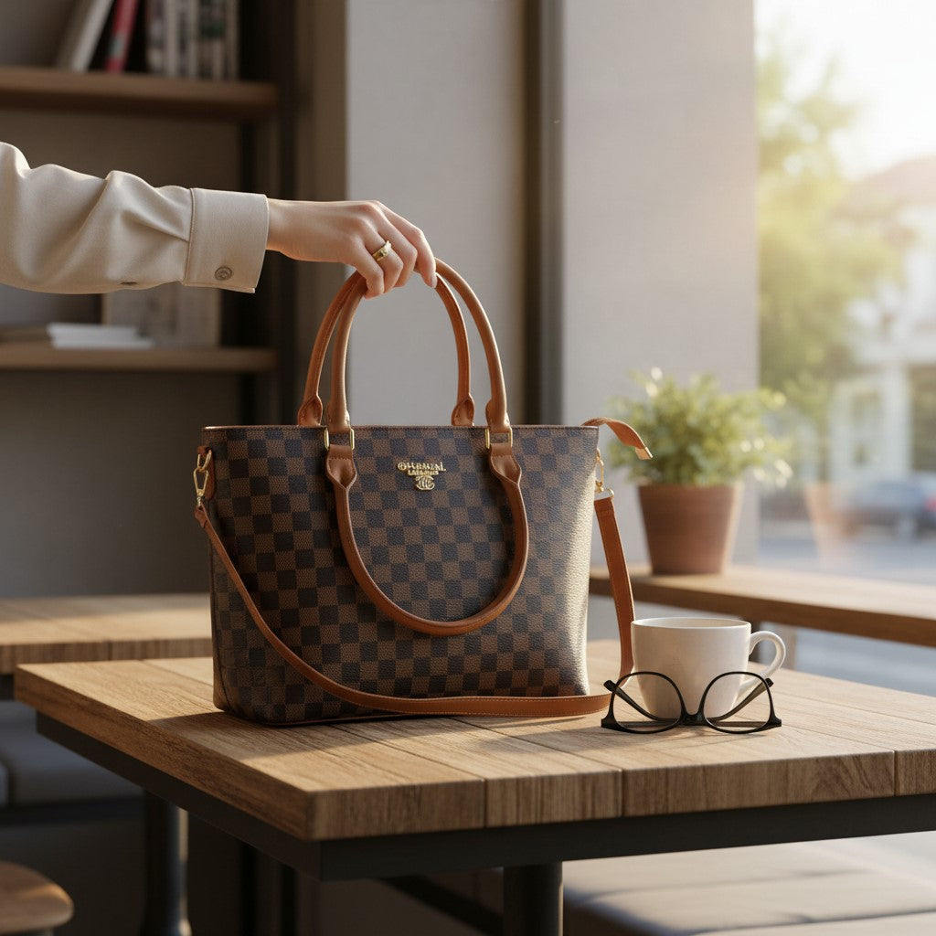 Classic Brown Checkerboard Faux Leather Tote Bag