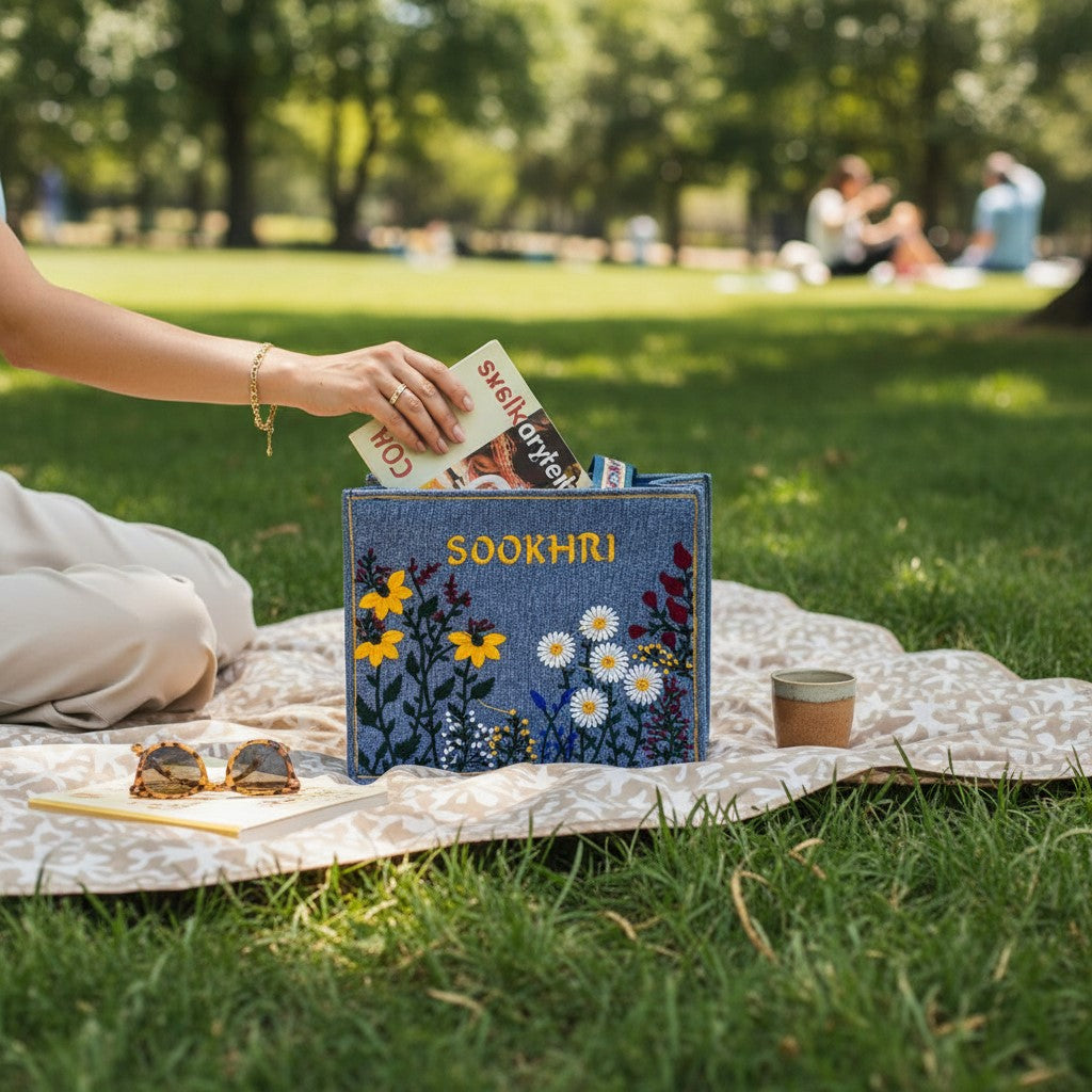Sookhri Hand-Embroidered Blue Jute Tote Bag