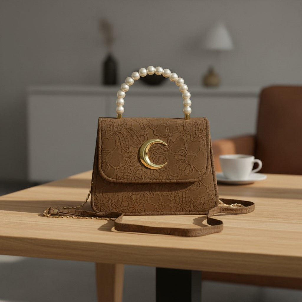 Elegant Brown Faux Leather Mini Bag with Pearl Handle & C-Clasp