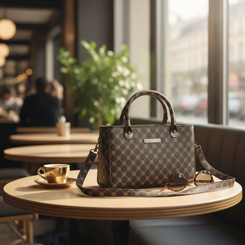 Classic Brown & Black Monogram Pattern Structured Tote