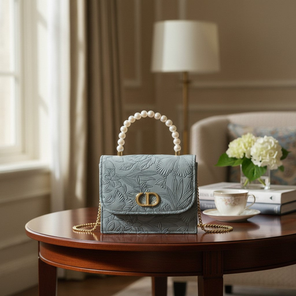 Elegant Blue Floral Embossed Faux Leather Mini Bag with Pearl Handle