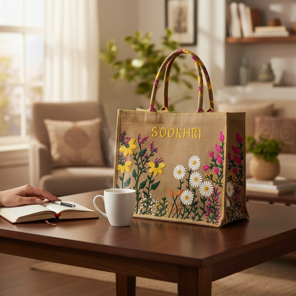 Sookhri Hand-Embroidered Floral Jute Tote Bag