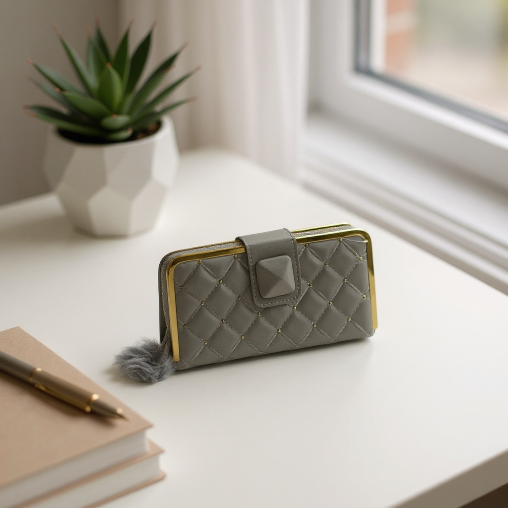 Quilted Studded Clutch Wallet with Pom-Pom Detail