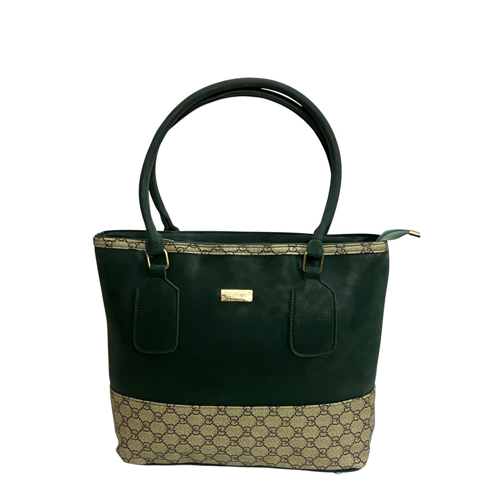 Elegant Green Faux Leather Tote Bag with Classic Patterned Base
