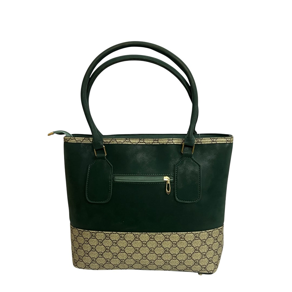 Elegant Green Faux Leather Tote Bag with Classic Patterned Base
