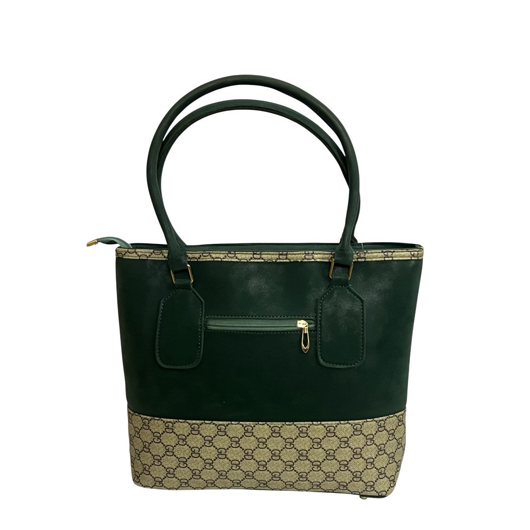 Elegant Green Faux Leather Tote Bag with Classic Patterned Base