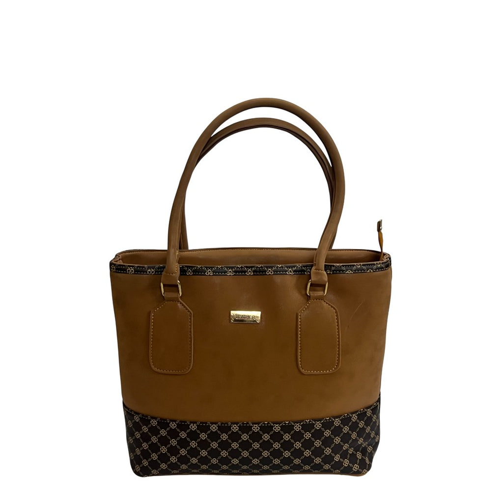 Classic Tan Faux Leather Structured Tote Bag with Patterned Trim