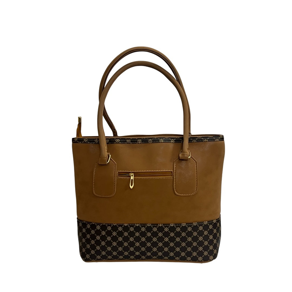 Classic Tan Faux Leather Structured Tote Bag with Patterned Trim