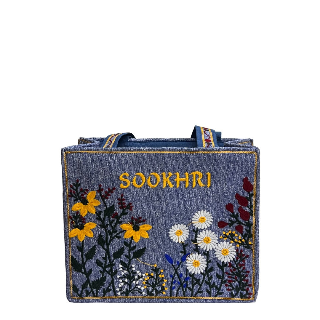 Sookhri Hand-Embroidered Blue Jute Tote Bag
