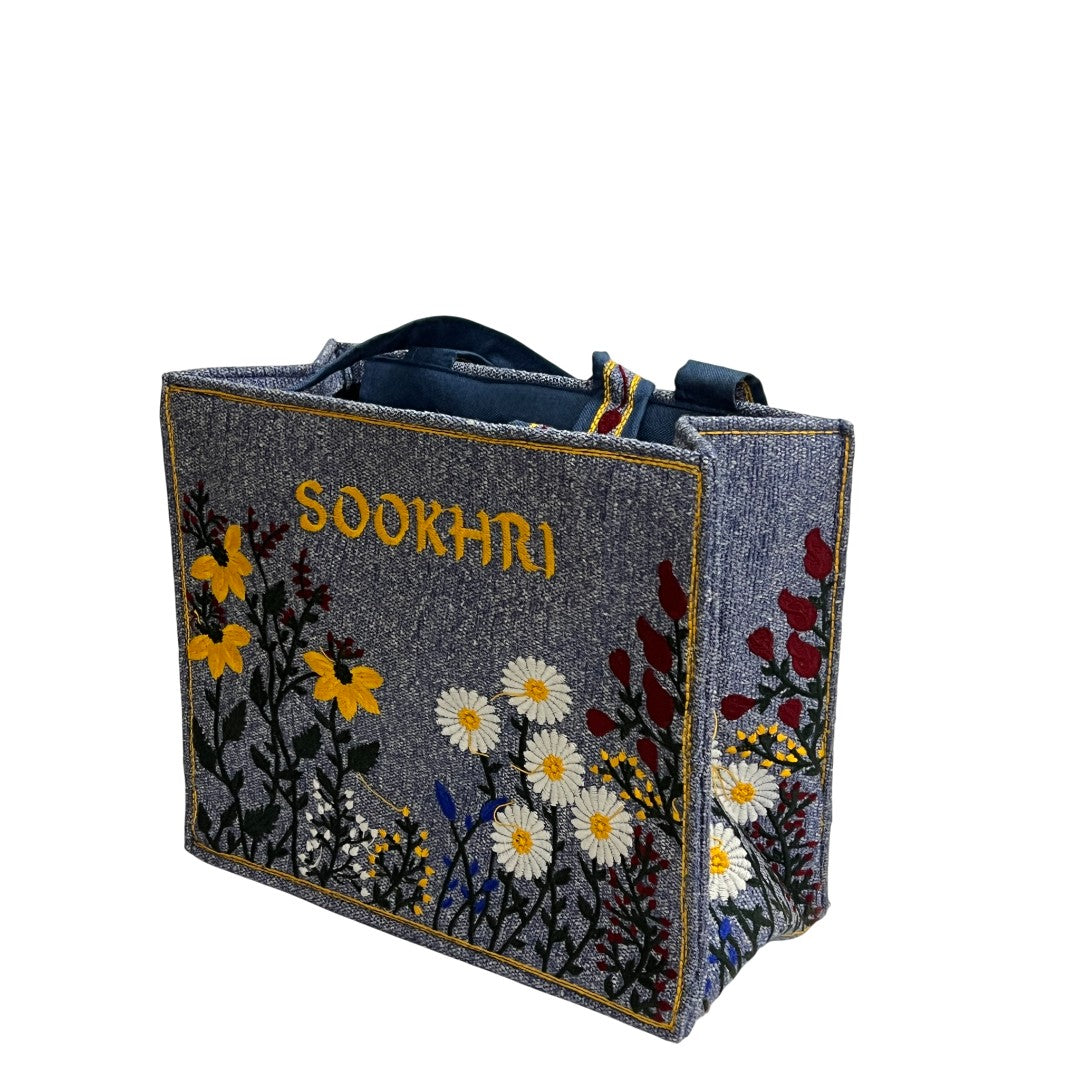 Sookhri Hand-Embroidered Blue Jute Tote Bag