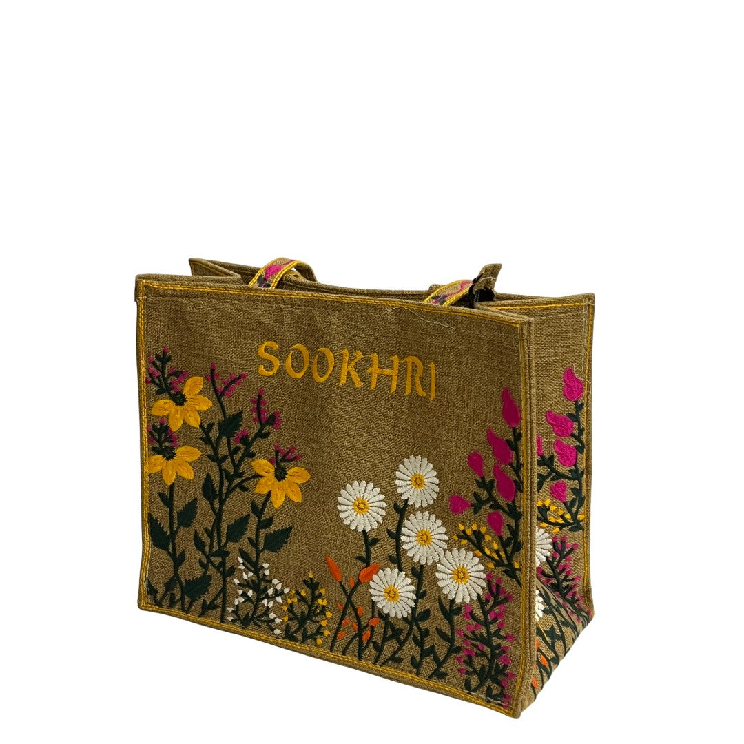 Sookhri Hand-Embroidered Floral Jute Tote Bag