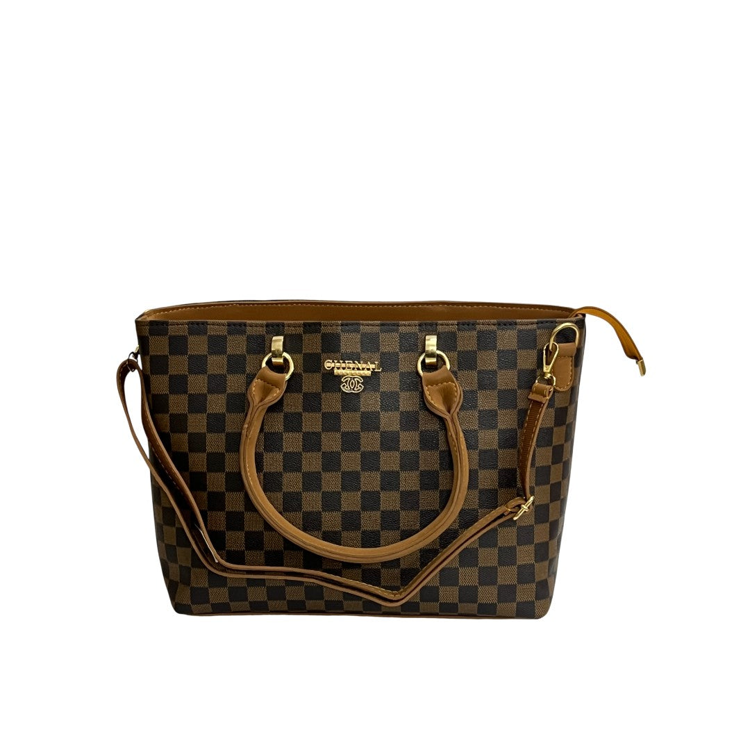 Classic Brown Checkerboard Faux Leather Tote Bag