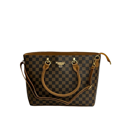 Classic Brown Checkerboard Faux Leather Tote Bag