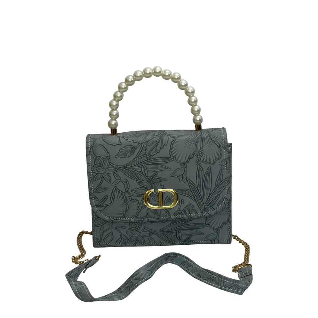 Elegant Blue Floral Embossed Faux Leather Mini Bag with Pearl Handle