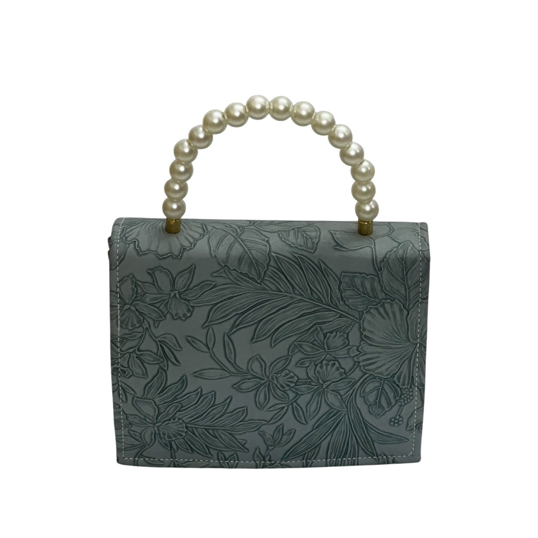 Elegant Blue Floral Embossed Faux Leather Mini Bag with Pearl Handle