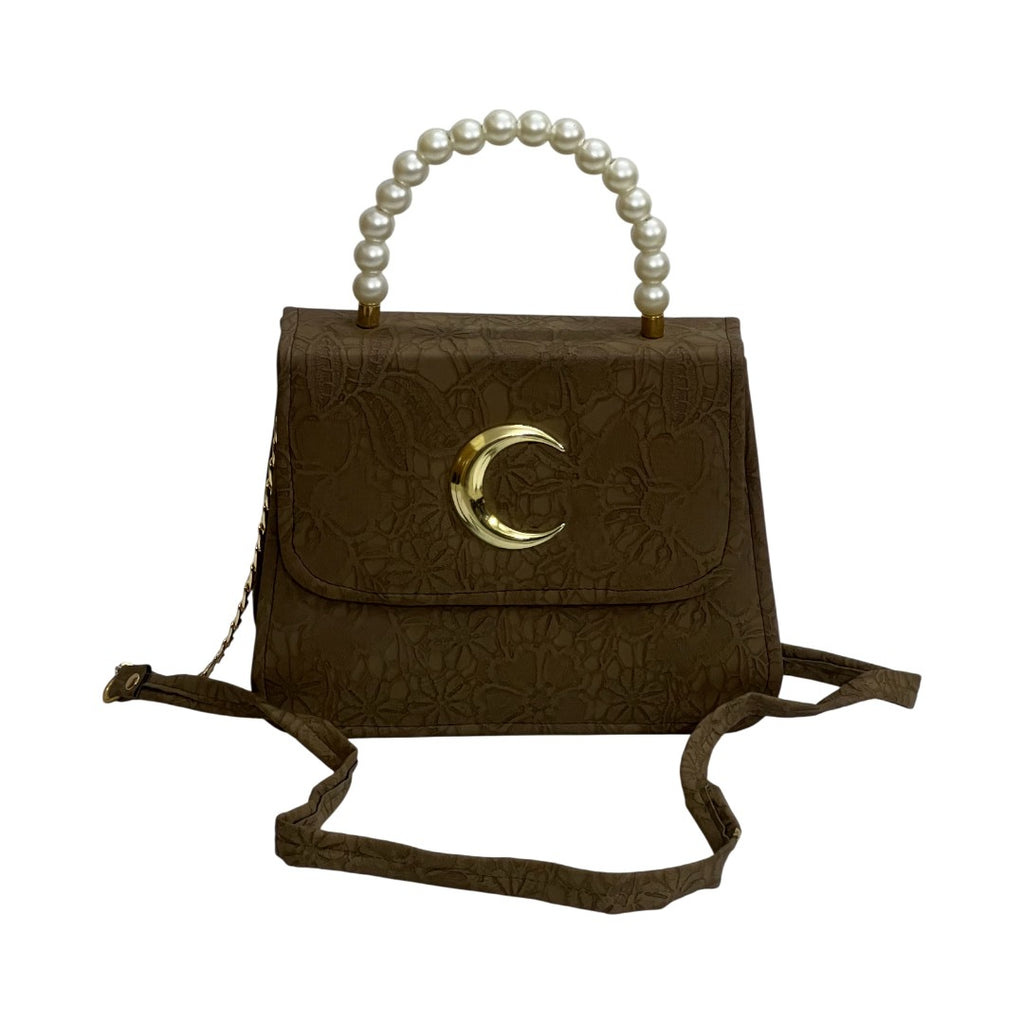Elegant Brown Faux Leather Mini Bag with Pearl Handle & C-Clasp