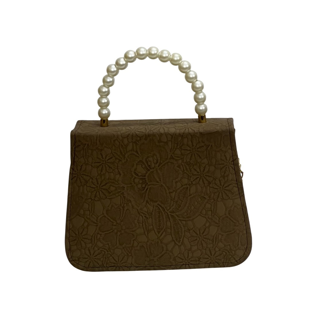 Elegant Brown Faux Leather Mini Bag with Pearl Handle & C-Clasp