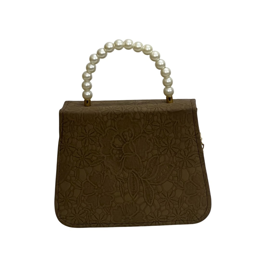 Elegant Brown Faux Leather Mini Bag with Pearl Handle & C-Clasp