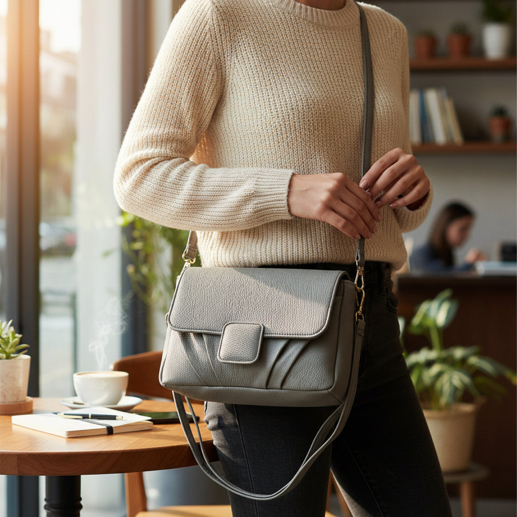 Minimalist Soft Grey Pebbled Crossbody Shoulder Bag