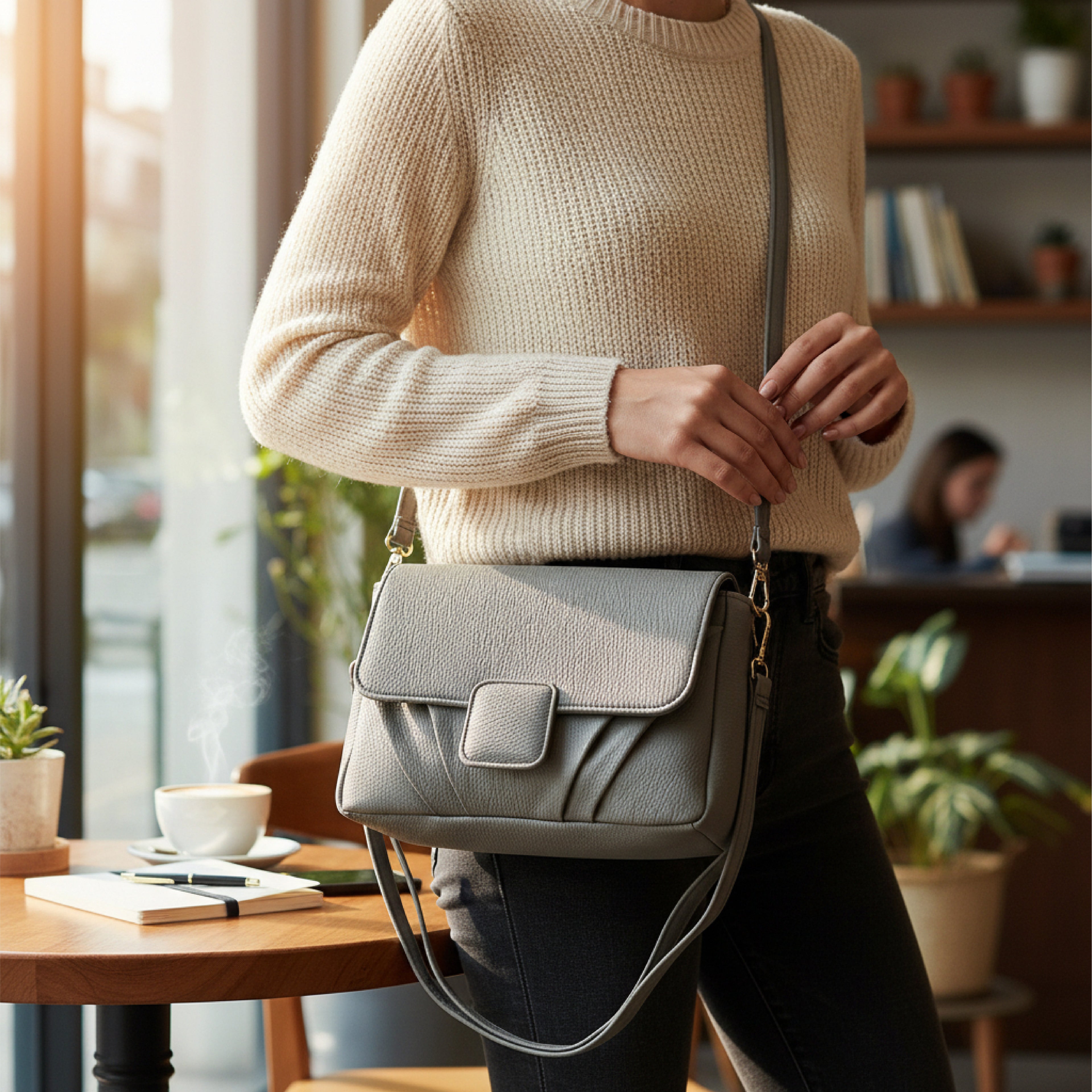 Minimalist Soft Grey Pebbled Crossbody Shoulder Bag