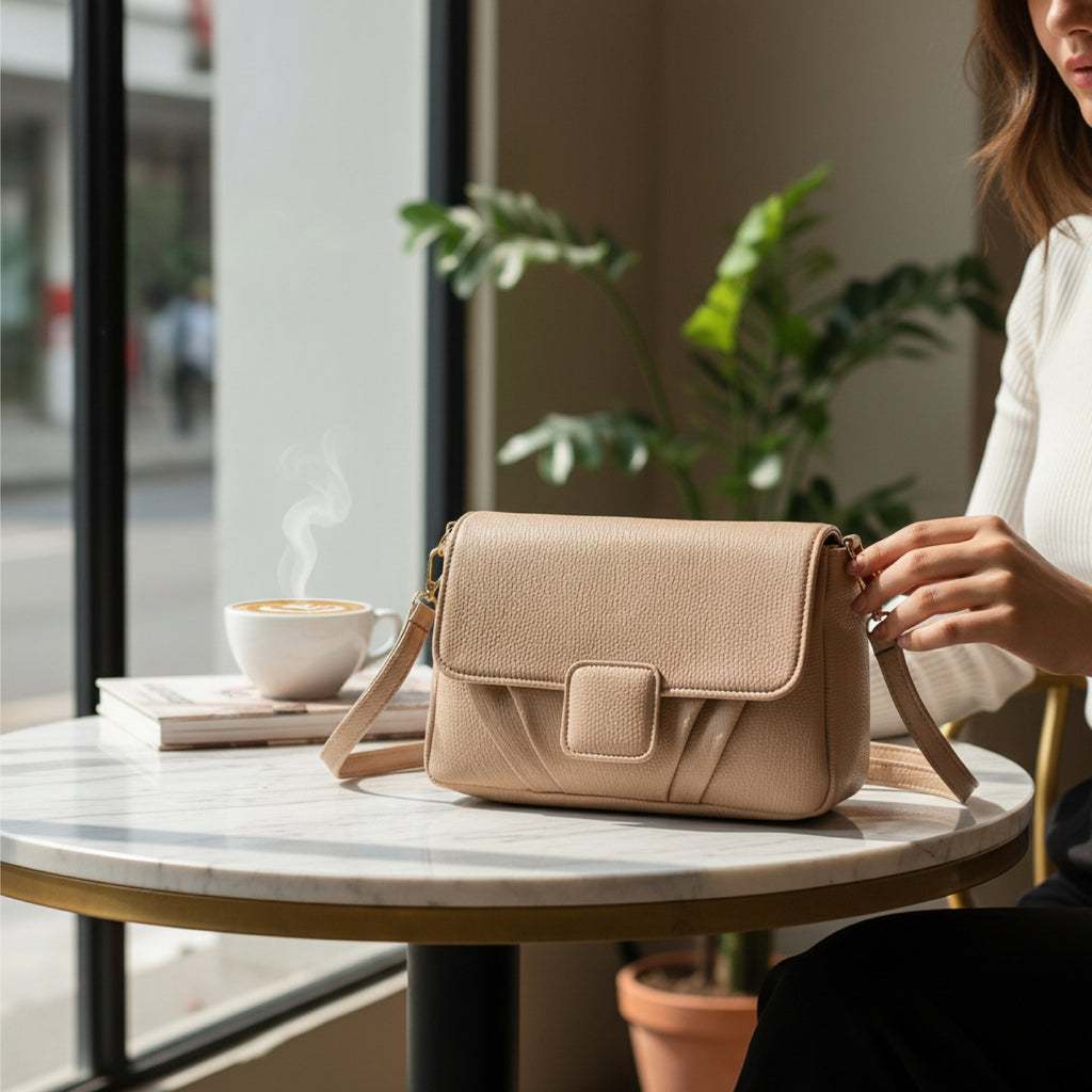 Minimalist Soft Beige-Grey Pebbled Crossbody Shoulder Bag