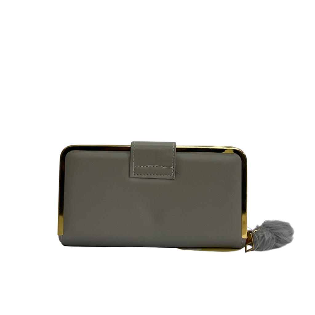 Quilted Studded Clutch Wallet with Pom-Pom Detail