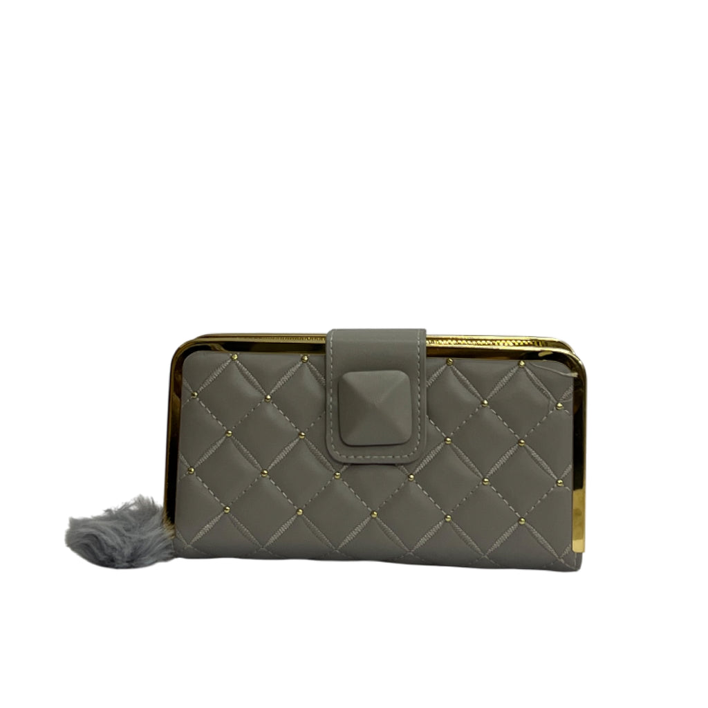 Quilted Studded Clutch Wallet with Pom-Pom Detail
