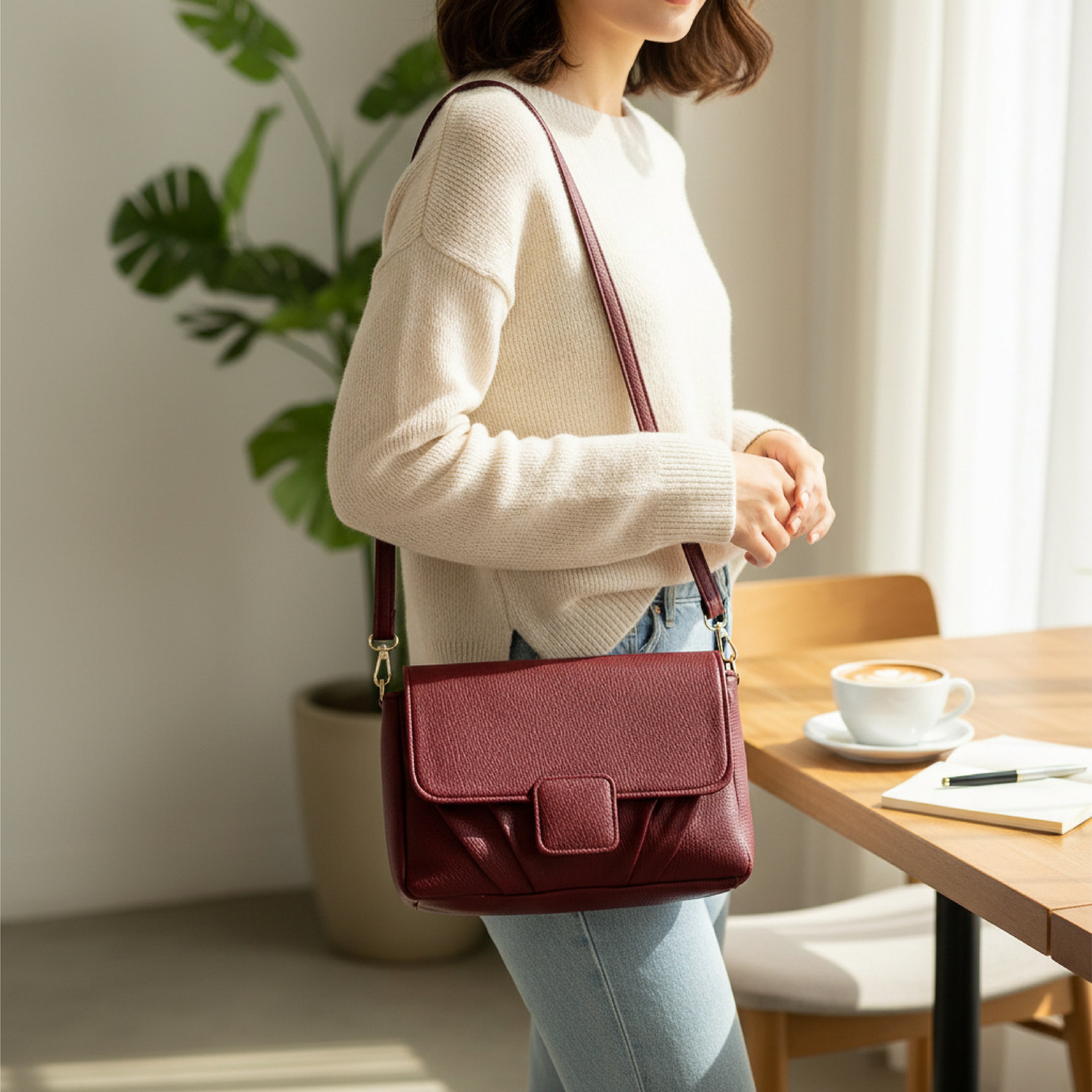 Minimalist Soft Wine Red Pebbled Crossbody Shoulder Bag