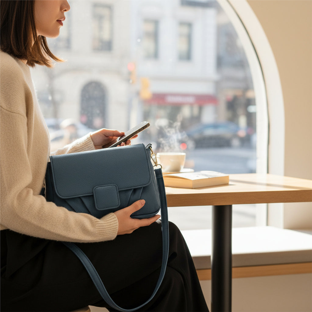 Minimalist Soft Muted Blue Pebbled Crossbody Shoulder Bag