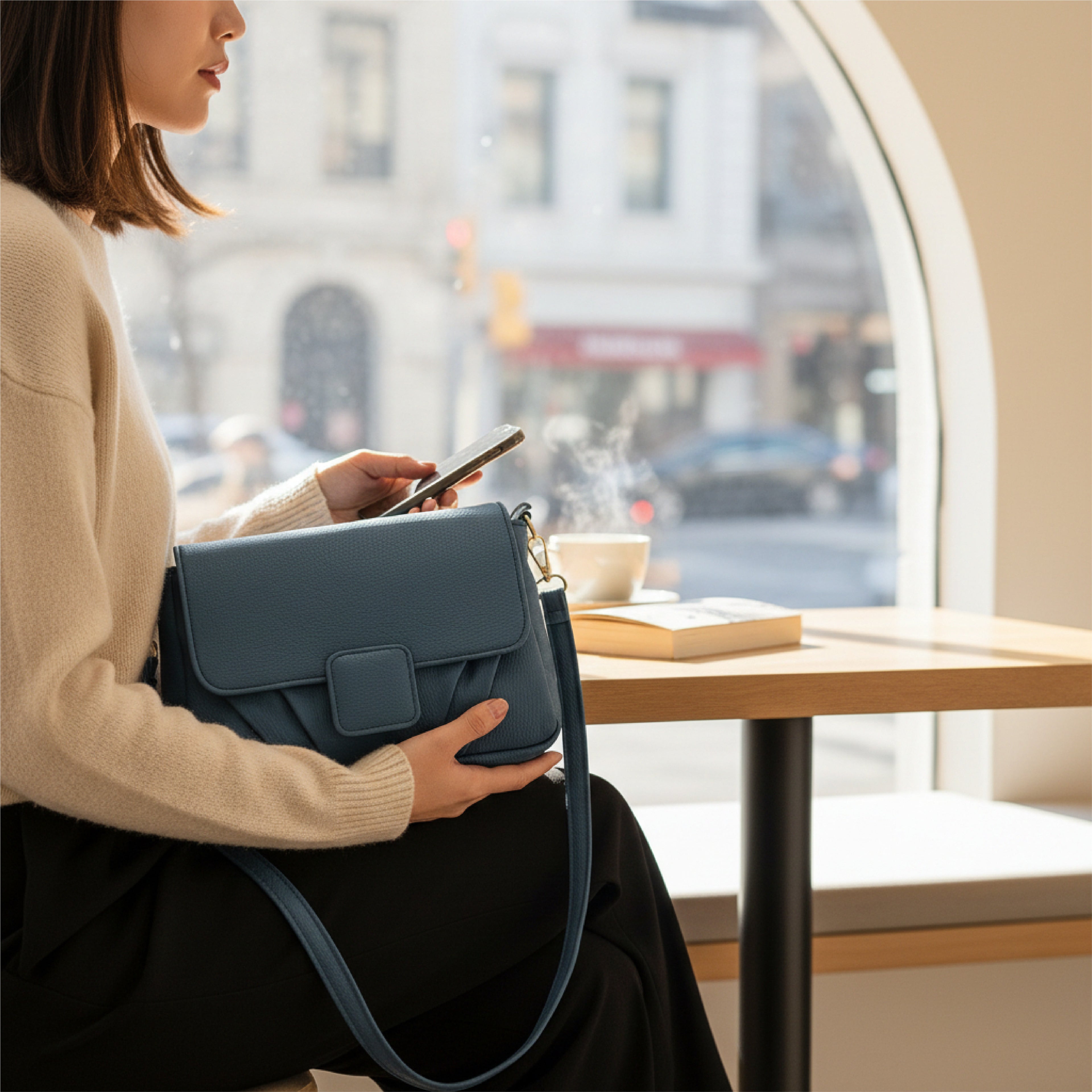 Minimalist Soft Muted Blue Pebbled Crossbody Shoulder Bag