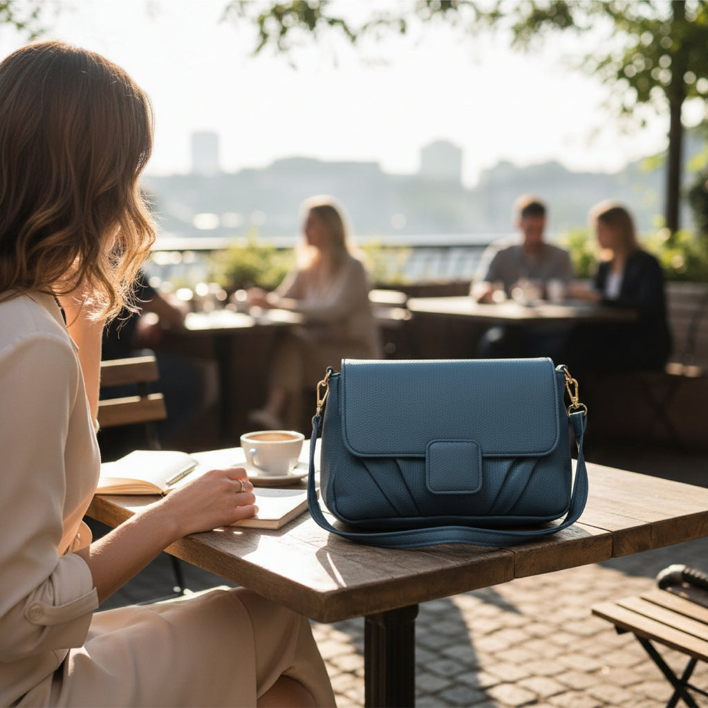 Minimalist Soft Muted Blue Pebbled Crossbody Shoulder Bag