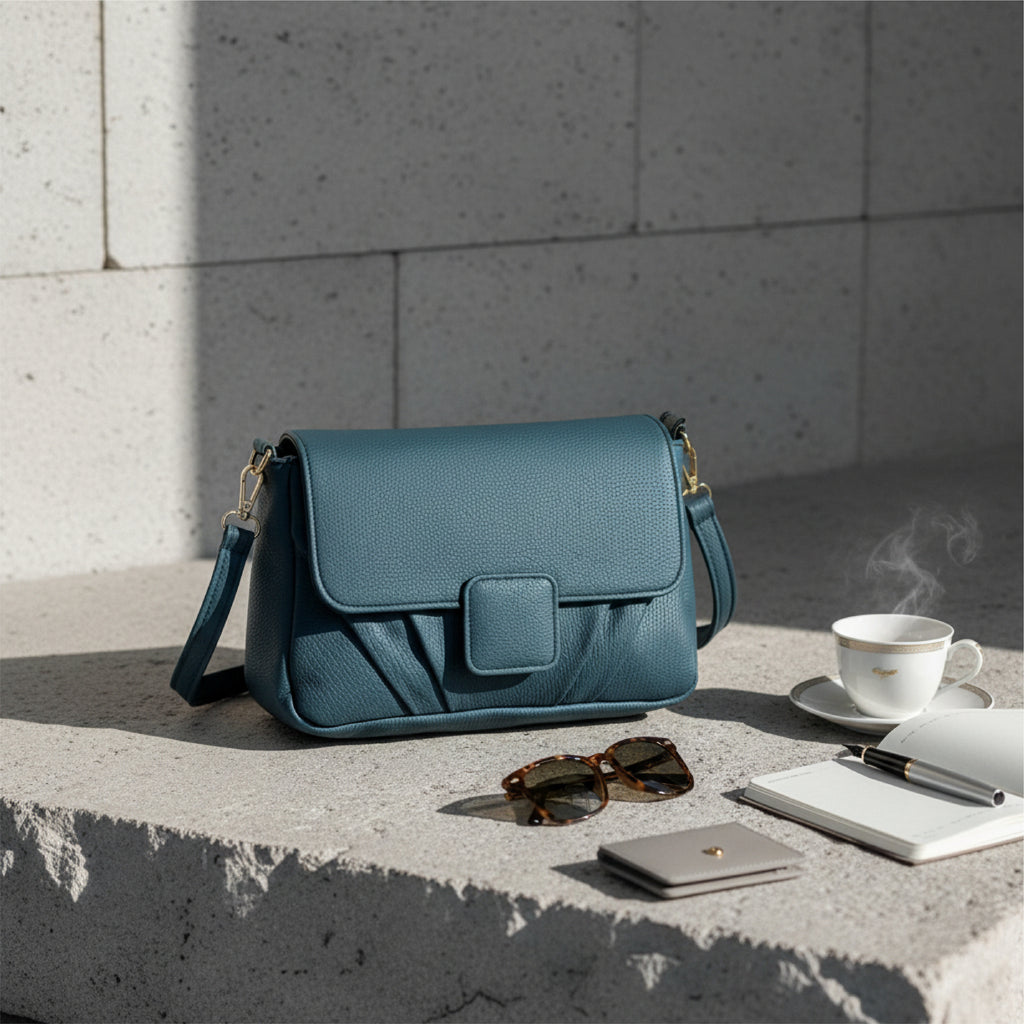 Minimalist Soft Muted Blue Pebbled Crossbody Shoulder Bag