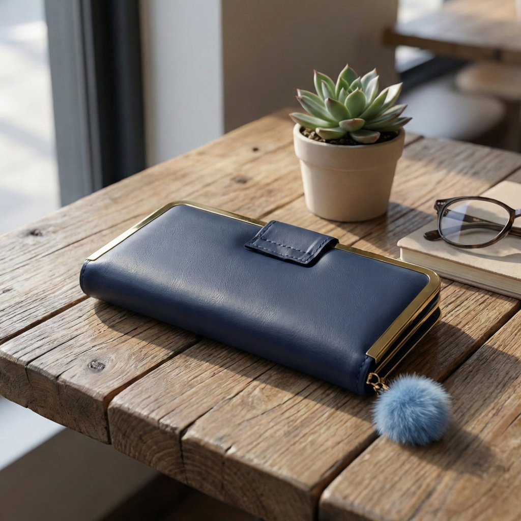 Women’s Double Zip Wallet Clutch – Navy Blue with Gold Zipper