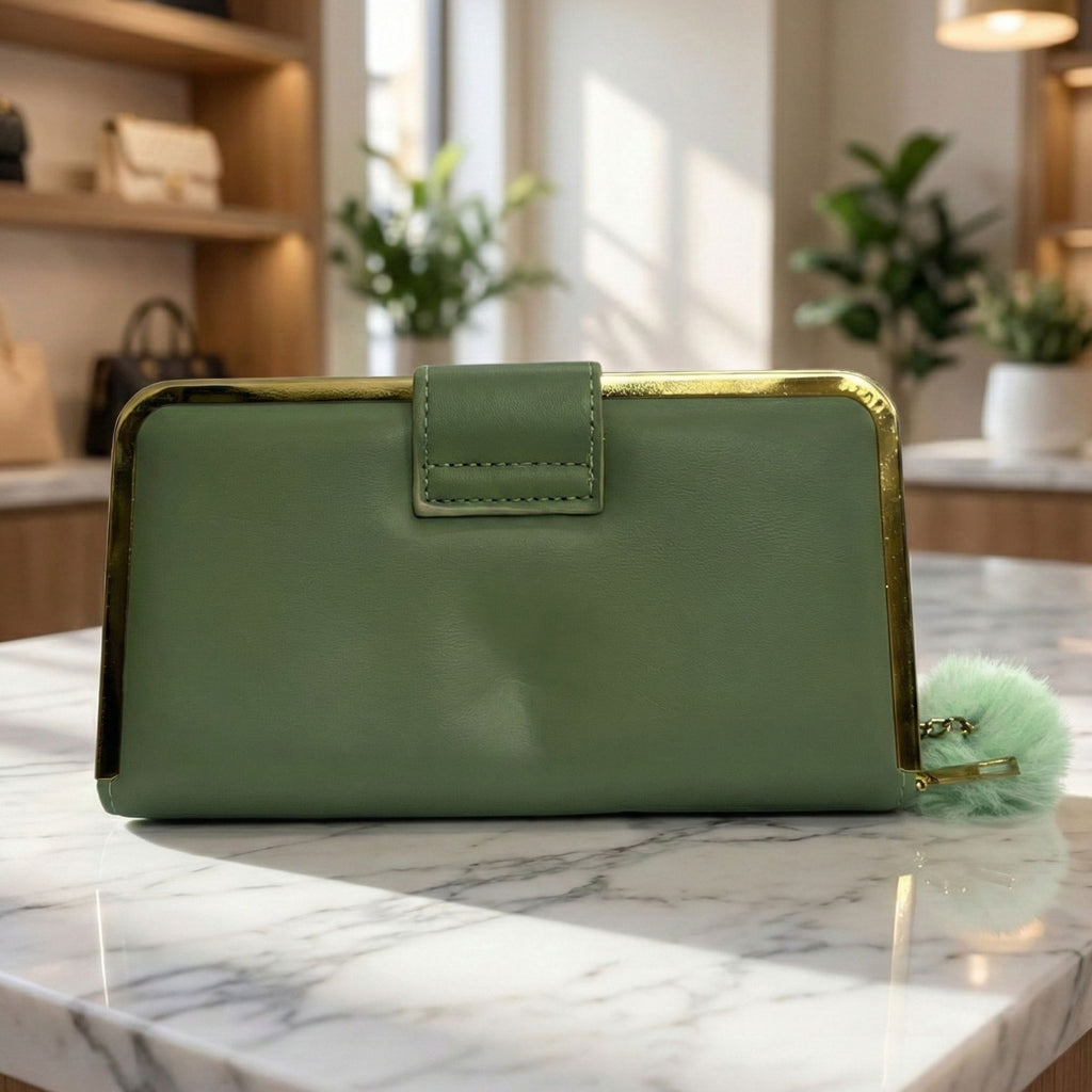 Women’s Double Zip Wallet Clutch – Green  with Gold Zipper