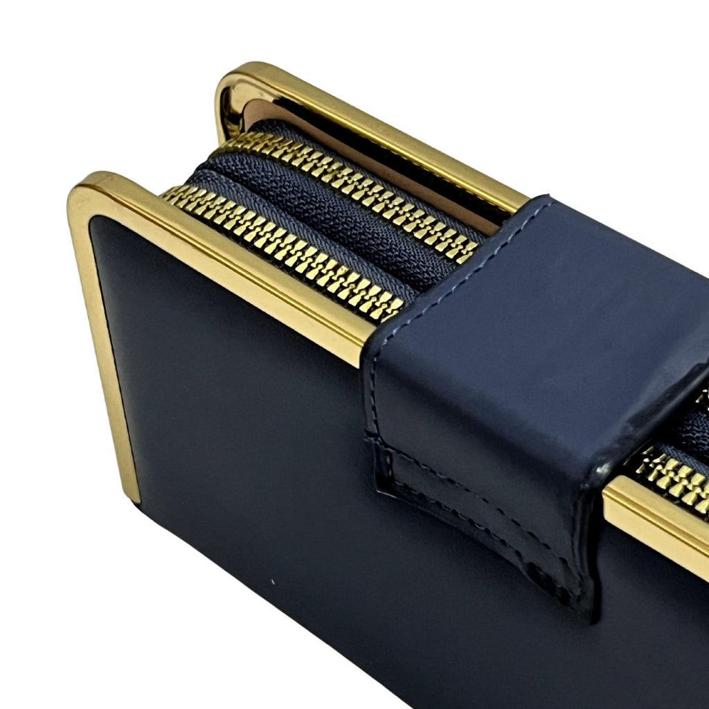 Women’s Double Zip Wallet Clutch – Navy Blue with Gold Zipper