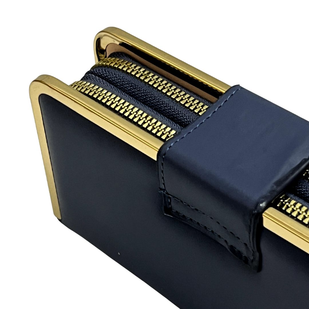 Women’s Double Zip Wallet Clutch – Navy Blue with Gold Zipper