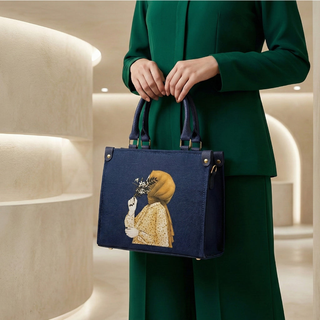 Premium Blue Printed Tote Bag with Hijab Girl Design