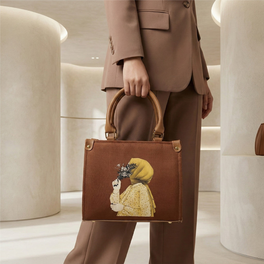 Premium Chocolate Brown Printed Tote Bag with Hijab Girl Design