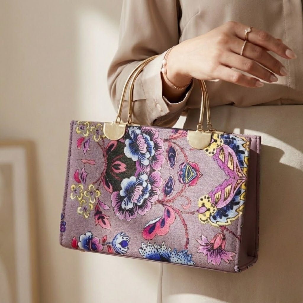 Florel Print Tote Bag – Lavender Floral Handbag with Gold Handles