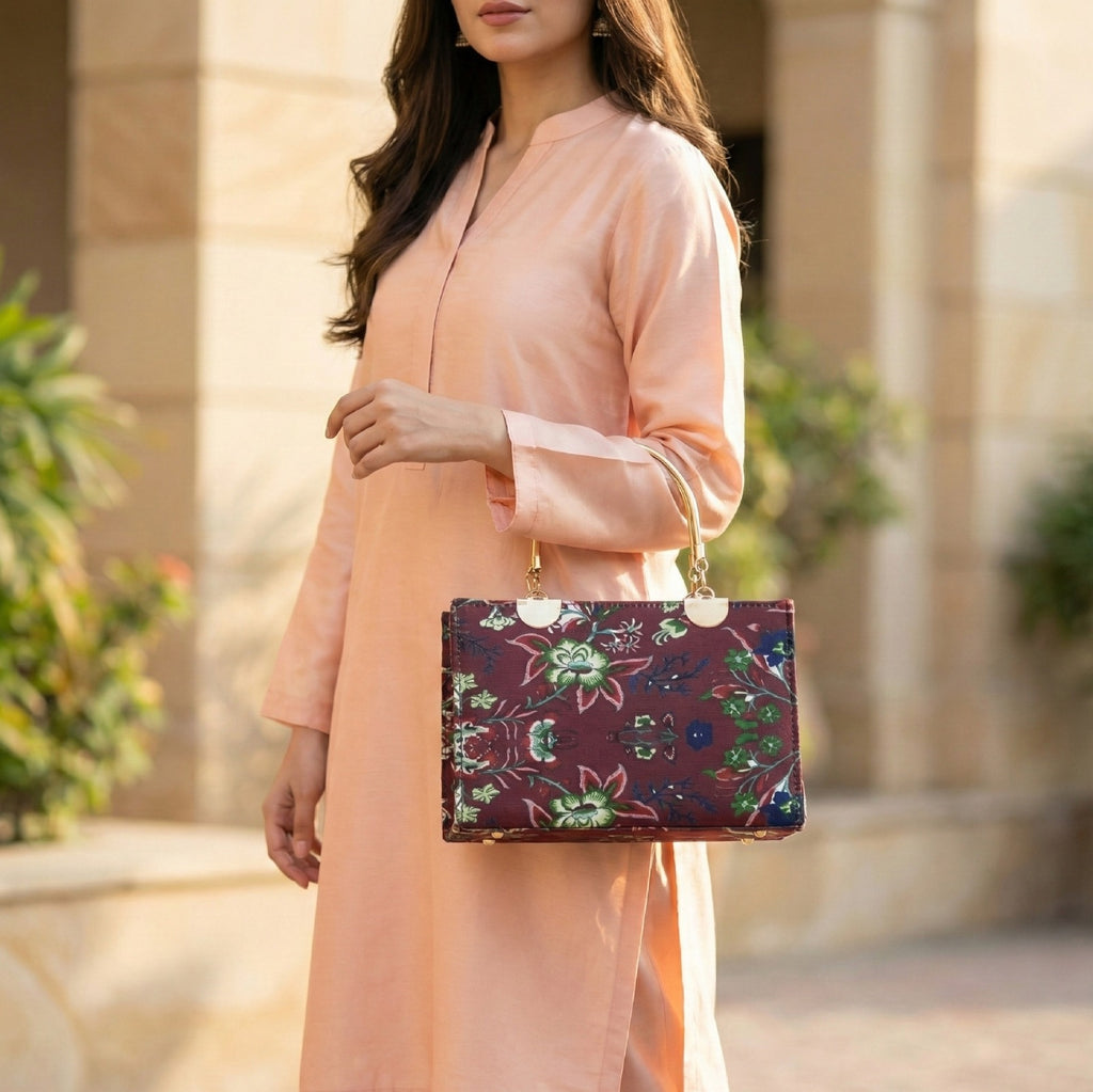 Florel Print Tote Bag – Deep Maroon Floral Handbag with Gold Handles
