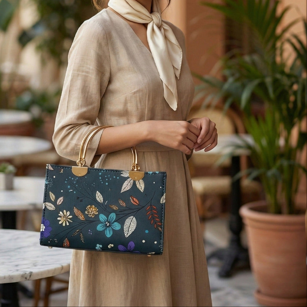 Florel Print Tote Bag – Dark Green Floral Handbag with Gold Handles