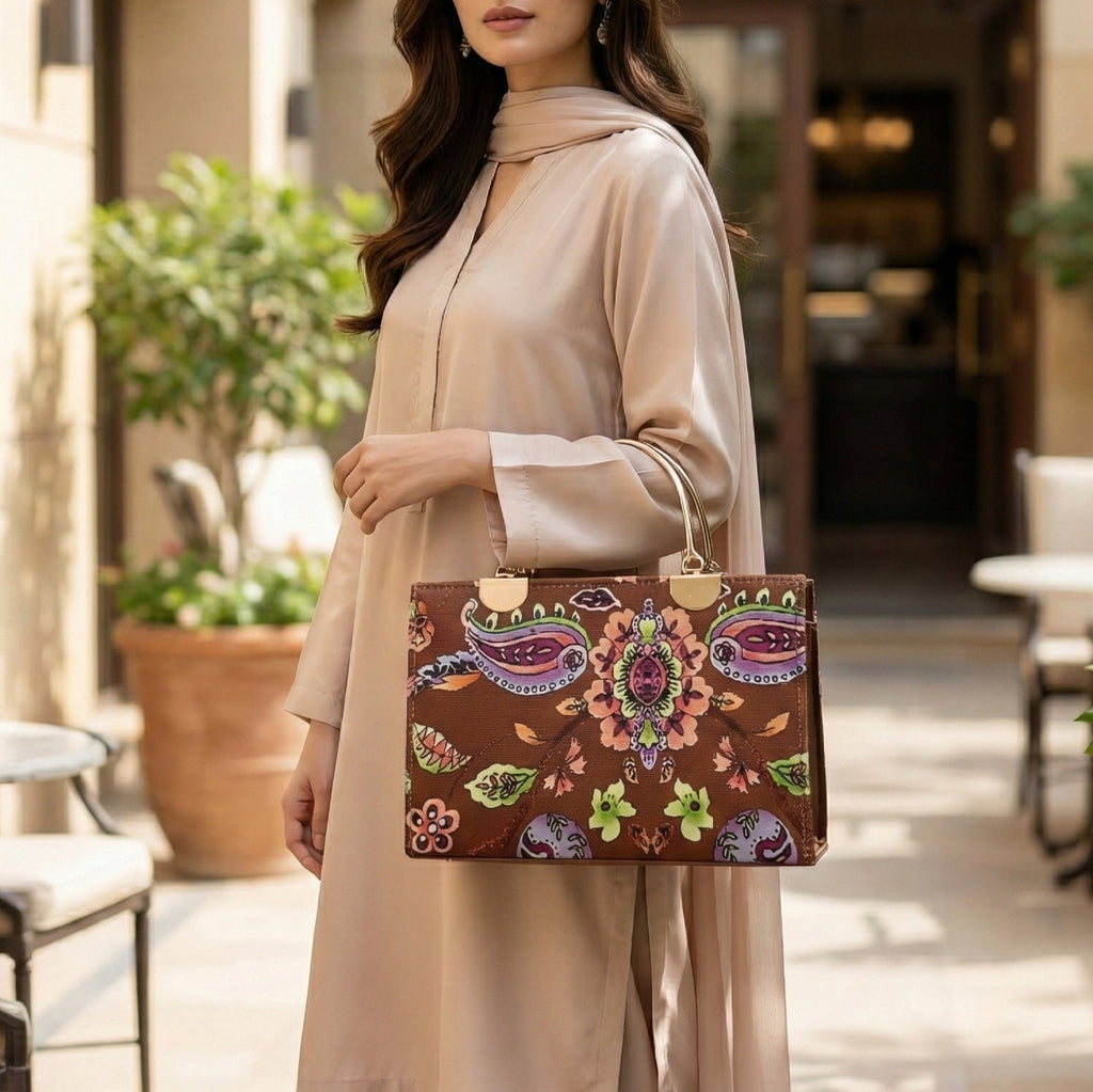 Florel Print Tote Bag – Dark Brown Floral Handbag with Gold Handles