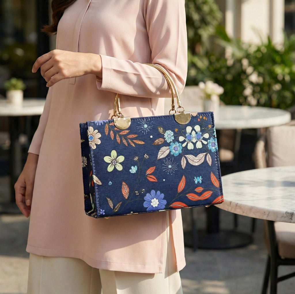 Florel Print Tote Bag – Dark Navy Blue Floral Handbag with Gold Handles