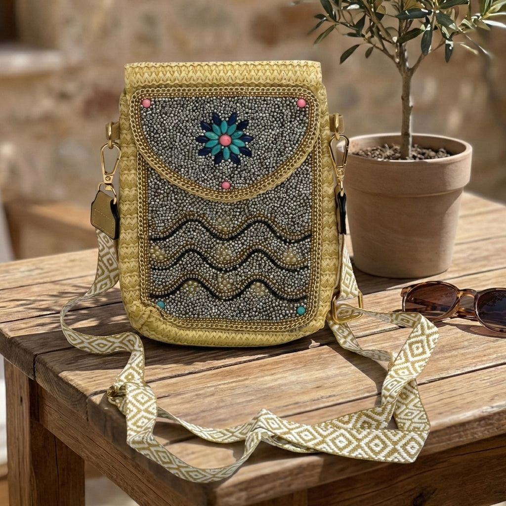 Wavy Daisy Artisan Beaded Crossbody Bag: A Touch of Boho Chic