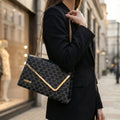 Black Patterned Chain Strap Clutch Handbag