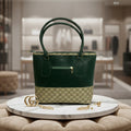 Elegant Green Faux Leather Tote Bag with Classic Patterned Base