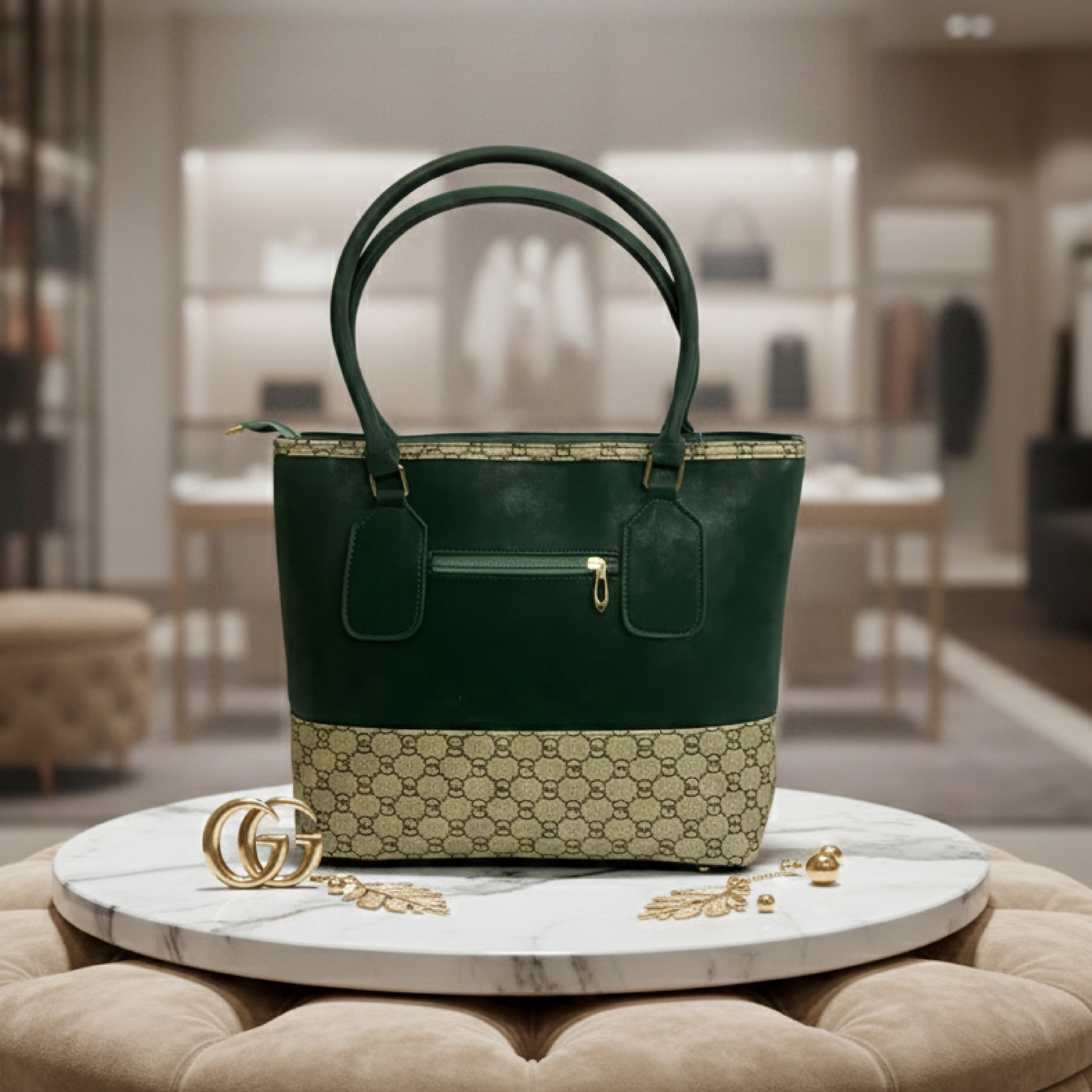 Elegant Green Faux Leather Tote Bag with Classic Patterned Base