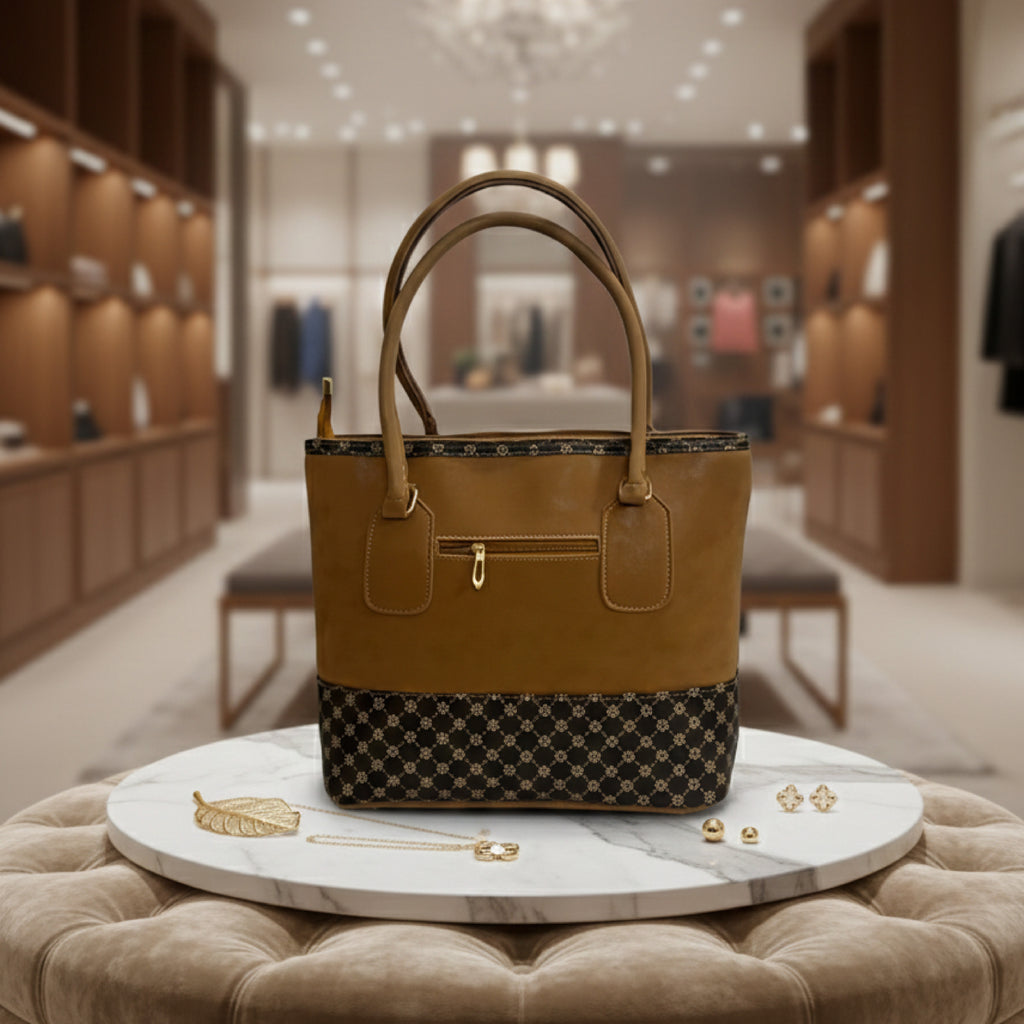 Classic Tan Faux Leather Structured Tote Bag with Patterned Trim