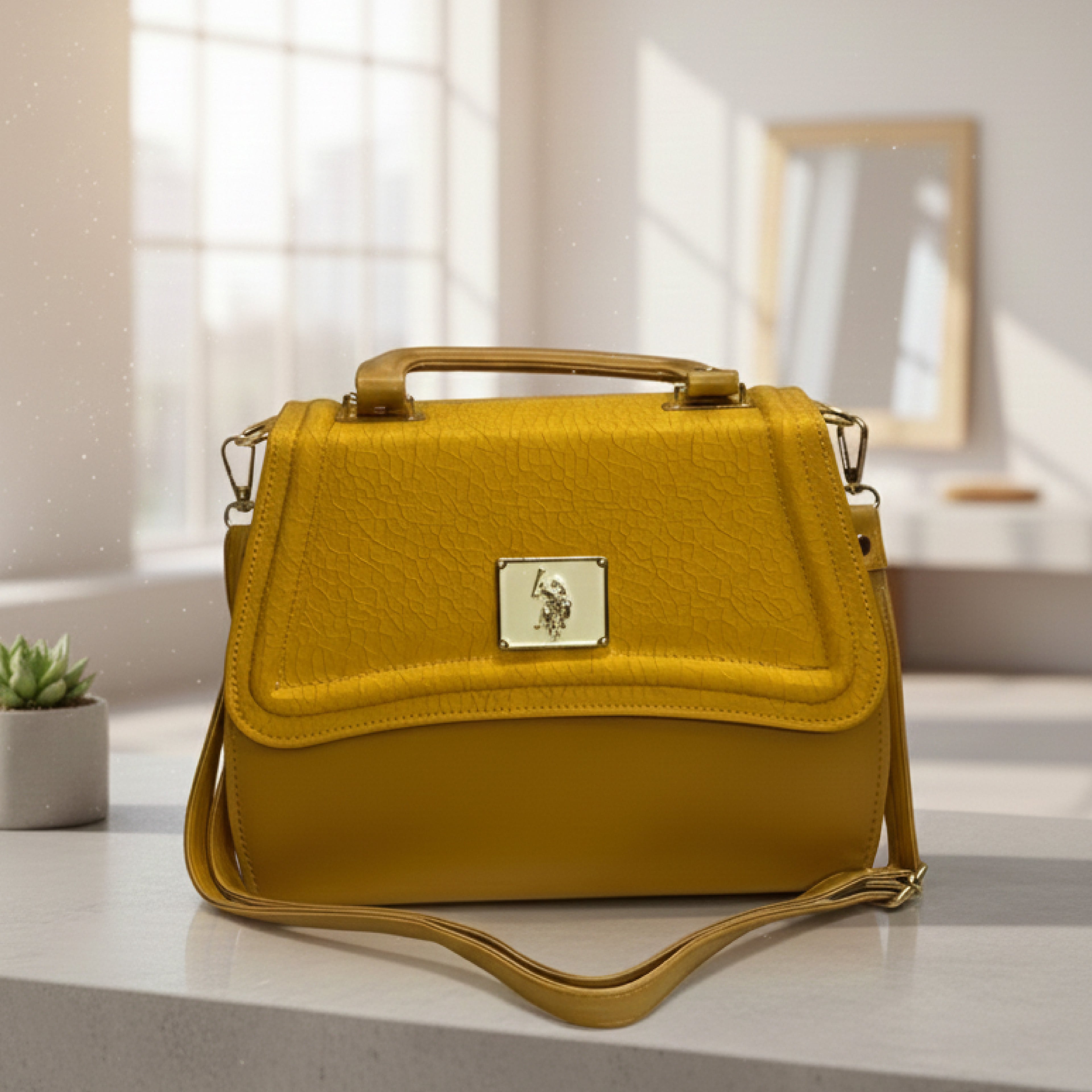 U.S. Polo Assn. Mustard Yellow Faux Leather Flap Handbag